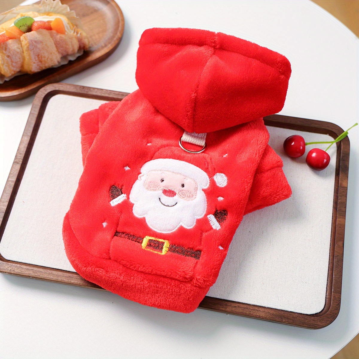 TEMU Dog Clothes Flannel Santa Claus Hoodie, Christmas Holiday Series Fleece Thickened Pet Hooded Sweatshirt In Red, Pet Apparel For Dogs, Christmas