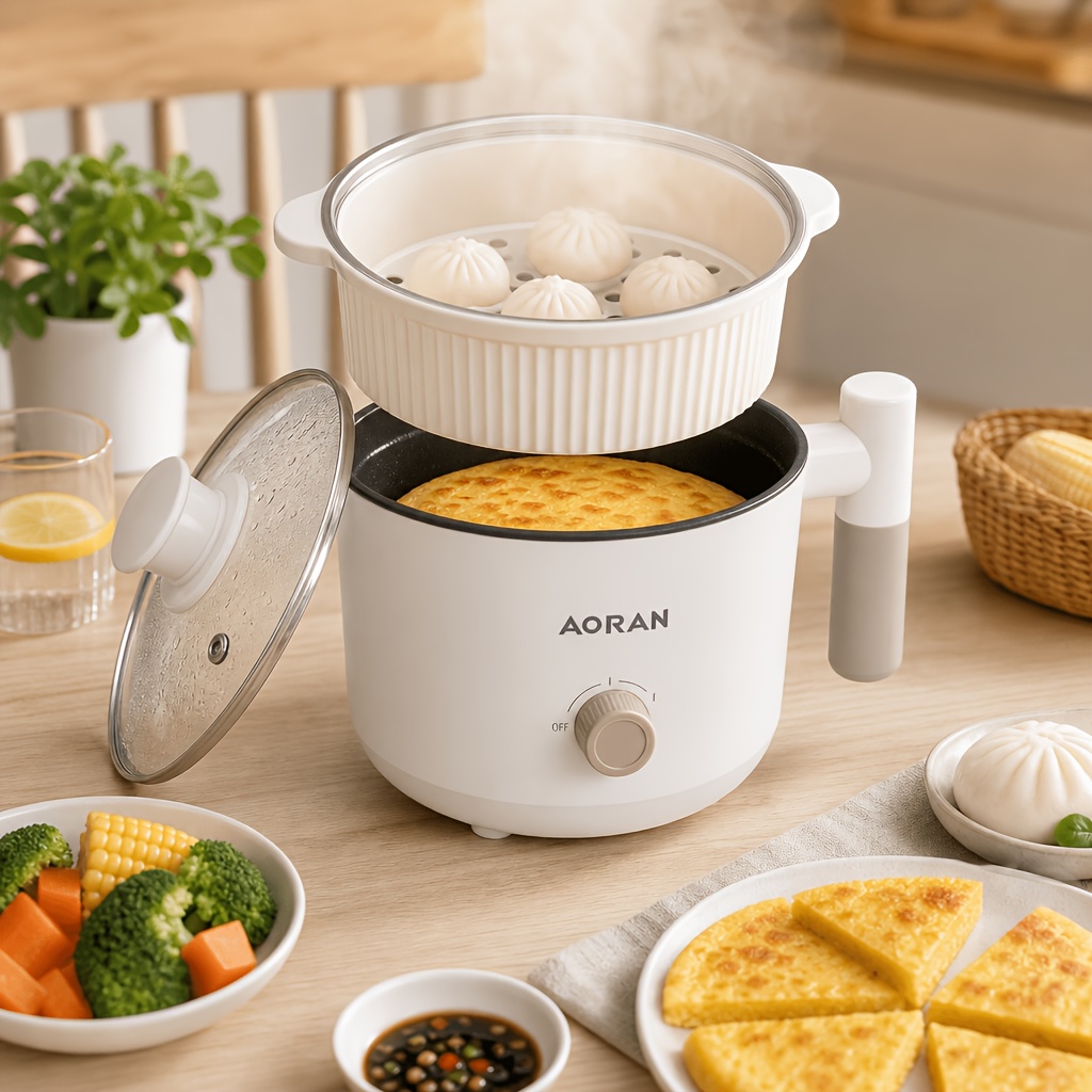 Multi-Function Electric Cooker with Steamer, Mini Hot Pot for Dorm, Apartment And Home, Electric Noodle Cooker for 1-2 People, Perfect for Soup, Pasta, Dumplings, Eggs And Vegetables, Compact Design for Quick And Easy Everyday Cooking