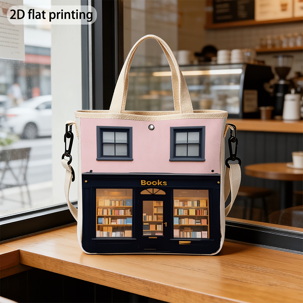 TEMU 1 pièce Sac sac à main bandoulière pour femme, motif vitrine de librairie, sac avec organisateur à bouton-pression, sac à main avec breloques,