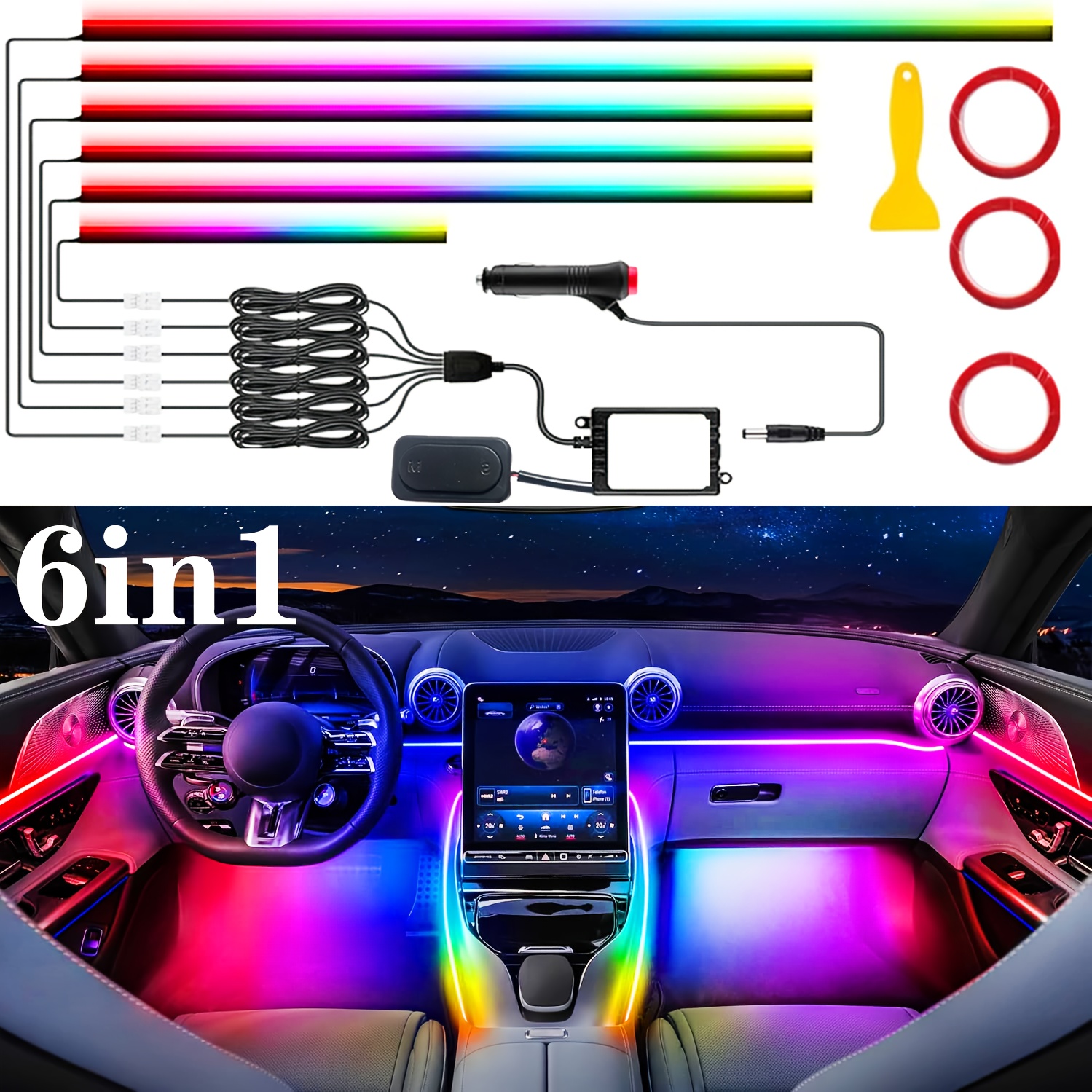 TEMU Acrylic Interior Car Led Strip Light, 10in 1 With 175 Inches 593 Leds Fiber Optic Ambient Lighting Kits, 16 Colors Sound Car Neon Lights, Golf