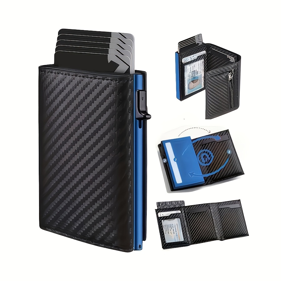 TEMU Portefeuille Pop-Up Moderne Fibre de Noire et Aluminium Rouge, Porte-Cartes de Crédit avec Protection RFID, Étui Métal avec Fente en Microfibre,