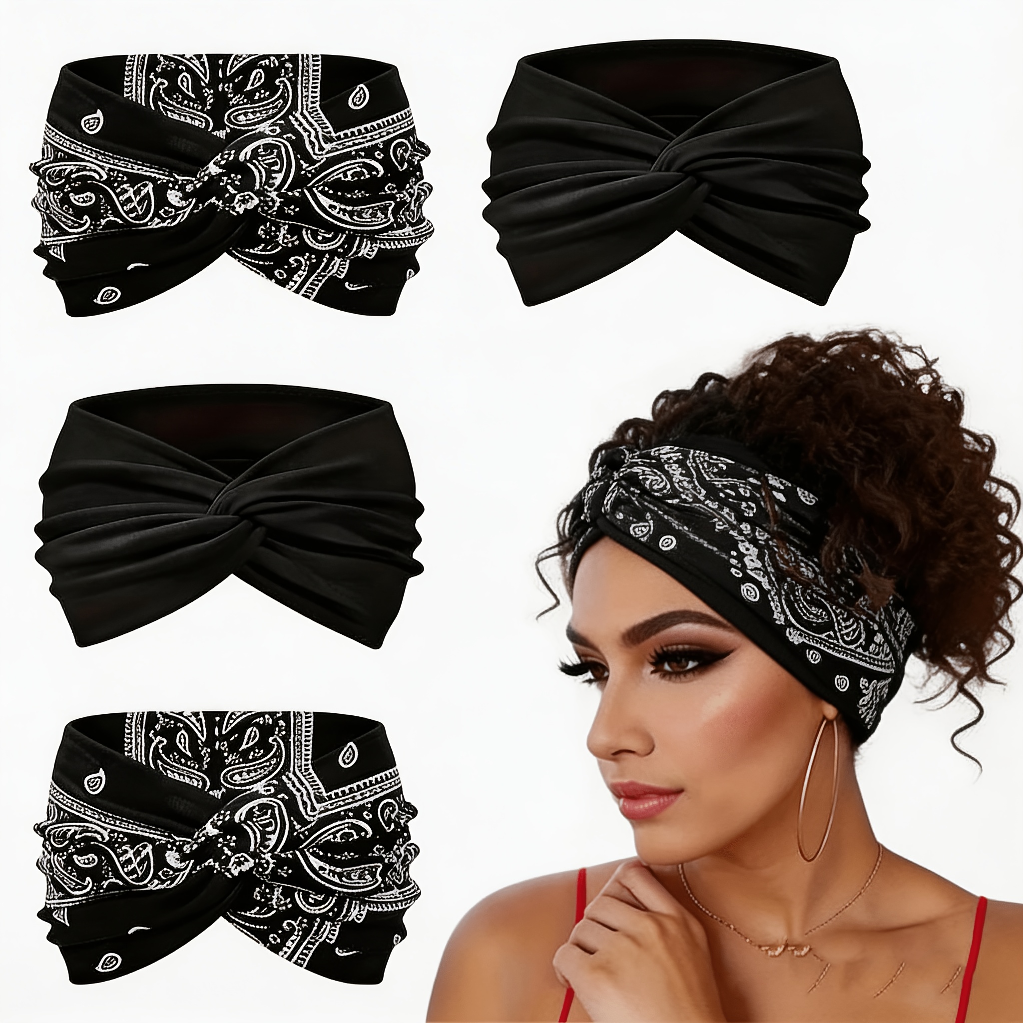 TEMU 4pcs Women's Bohemian Headband Set - Non-slip Sweat-absorbing Cross-tie Headbands, Quick-dry Lightweight Hair Suitable For Yoga, Running, Gym,