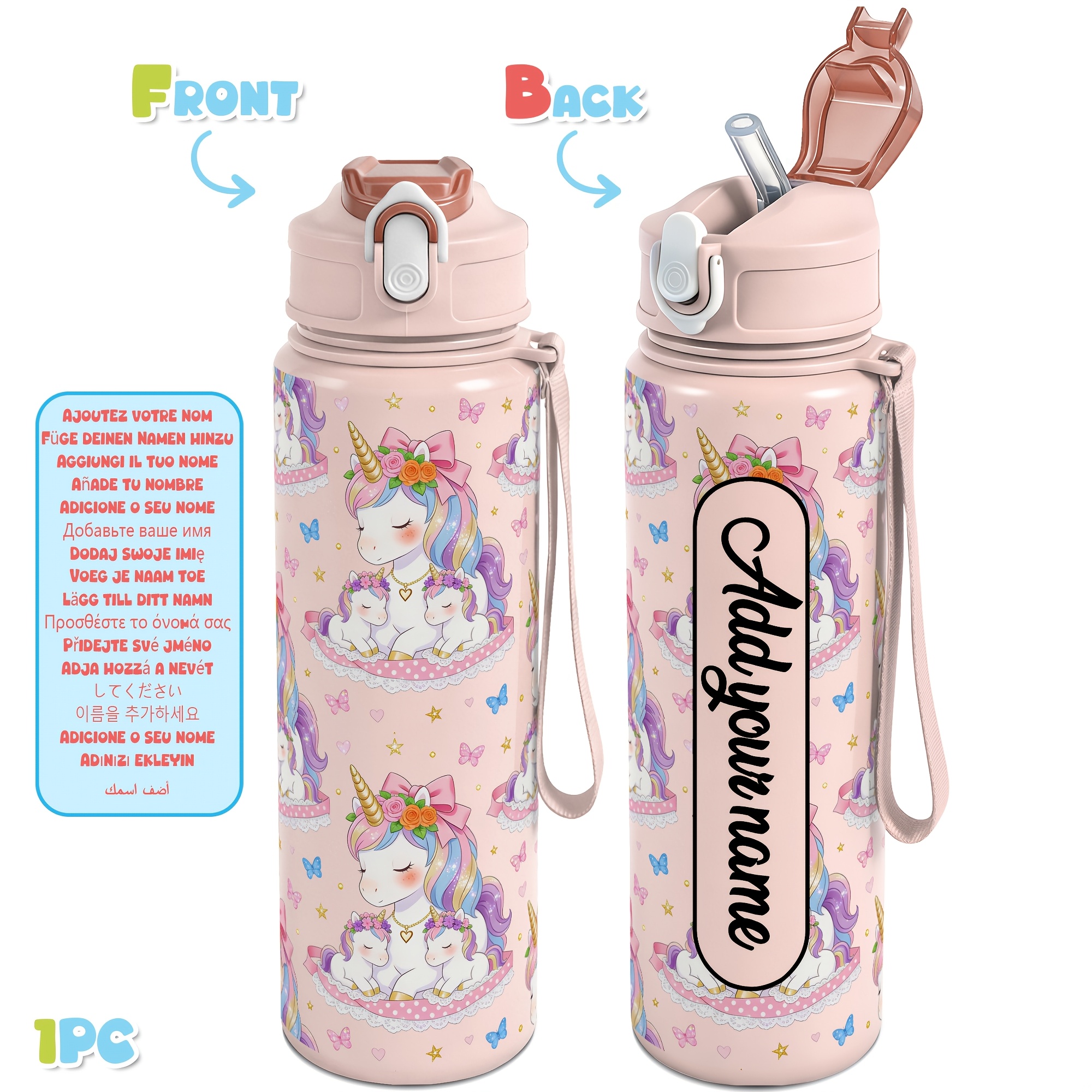 TEMU 1pc, Bouteille d'eau personnalisée de 750 ml (25Oz) avec nom personnalisé, Gourde de sport étanche de grande , Cadeau unique pour des licornes,