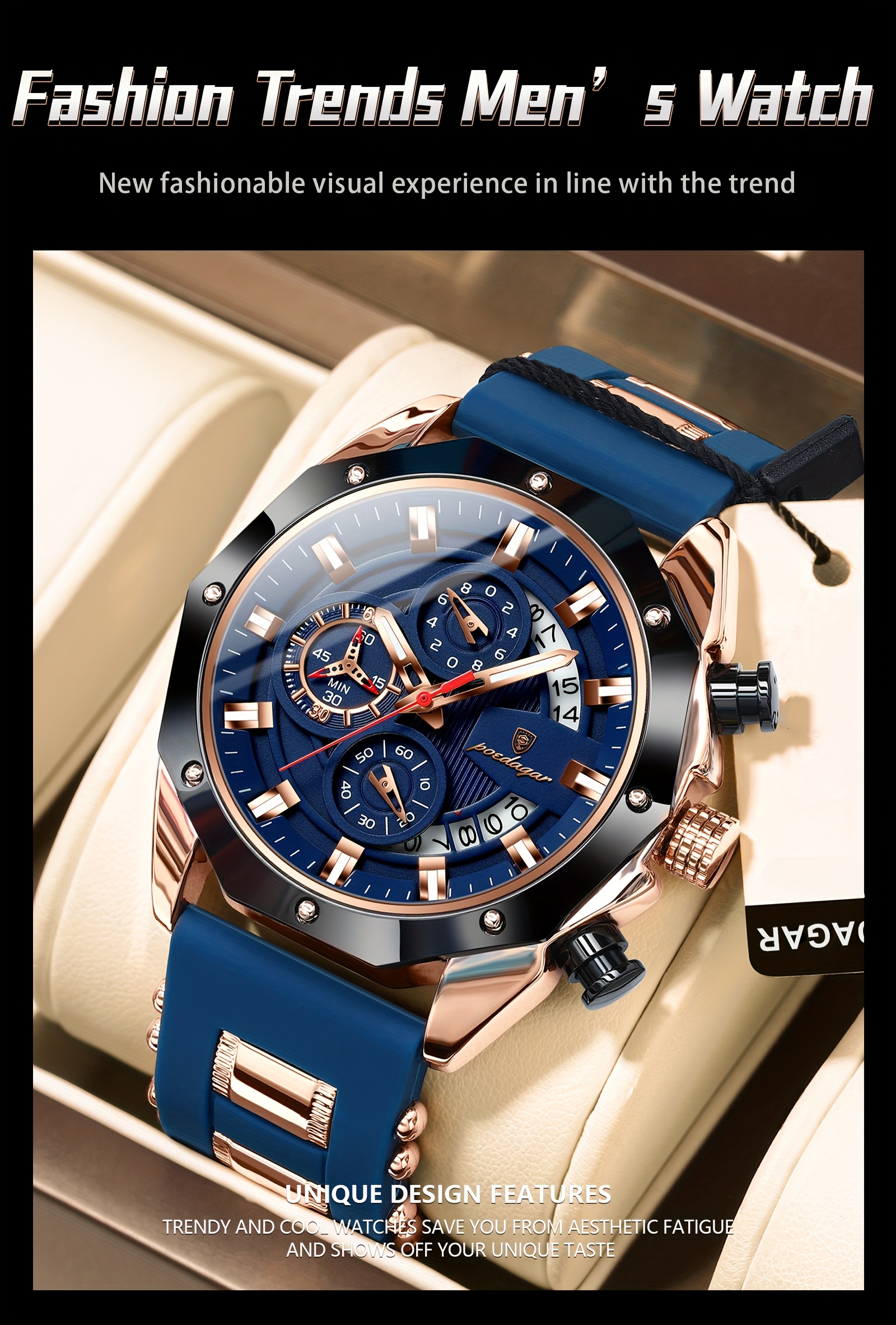mens stylish blue   watch with date display waterproof nightlight silicone strap elegant business watch for teenagers and adults casual accessory stylish watch silicone strap watch details 2