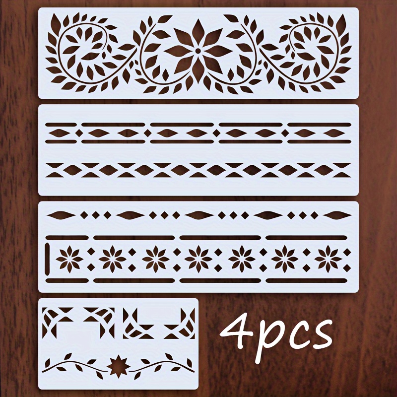 

4-piece Painting Stencil Set, 3 Pack 4x14" & 1 Pack 4x7" Reusable Templates For Diy Crafts, Wall, Canvas, Furniture Decoration – Pet Material, Creamy White