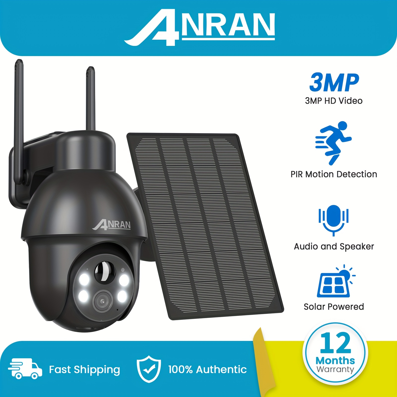 ANRAN Q3 Sécurité Extérieure avec Détection de Mouvement PIR, Vue à 360°, Vision Nocturne en Couleur, Audio Bidirectionnel, Compatible avec Alexa, Panneau Solaire et Batterie de Secours, Stockage Cloud, Accès via Application - Compatible pour Bureau
