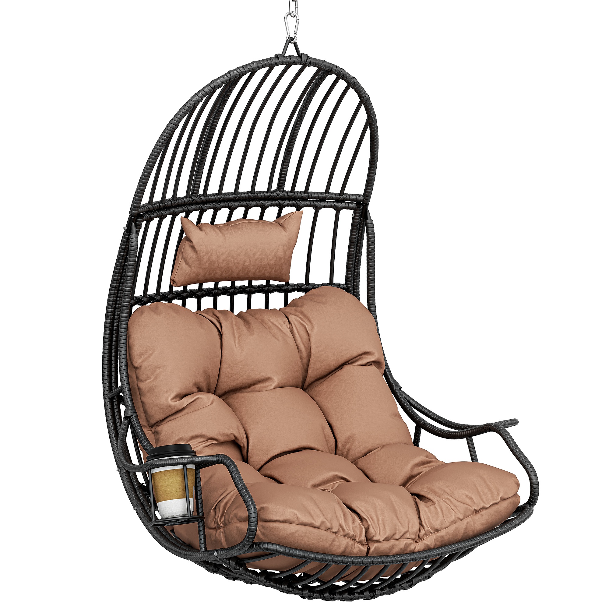 Image of Hanging Egg Swing Chair, Rattan Egg Chair With Cushions And Cup Holder, 150kg , Indoor Outdoor Hammock Chair For Patio, Bedroom, Garden, Balcony