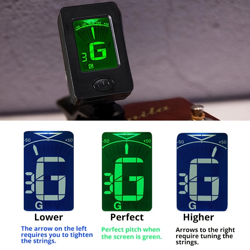 Clip On Guitar Tuner Electronic Clip On Tuner for Most String Instruments Easy Reading Accurate Tuning Tuner Clip for Guitar Green when the tone is accurate, blue when it is inaccurate