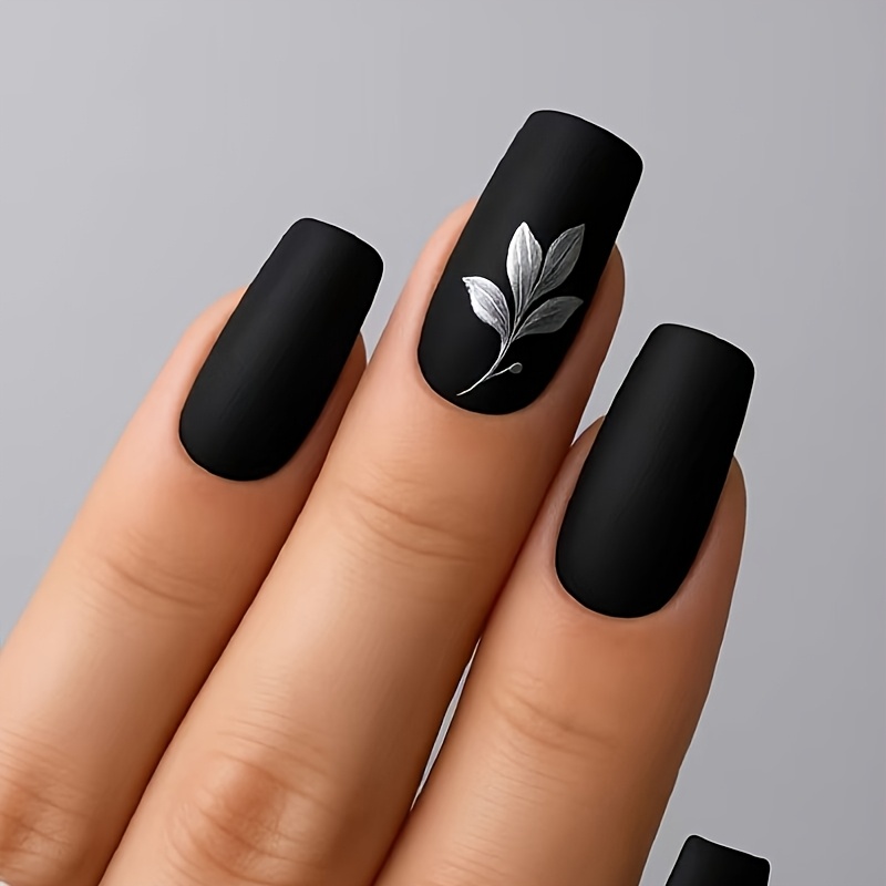 TEMU 24pcs Set Of Matte Leaf Nail Wraps, Medium Length Easy Frosted Manicure, Premium Removable Nail Sheets, Black And Silvery White