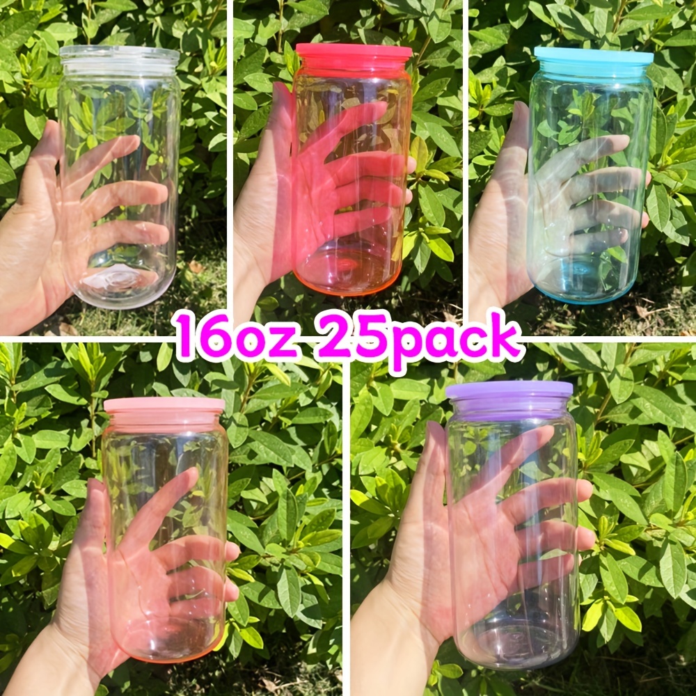 

25 Pcs 16oz Color Plastic Cup With Color Lid And Straw Colors, Pc Cup, Juice, Soda, Iced , Reusable Transparent Drinking Cups