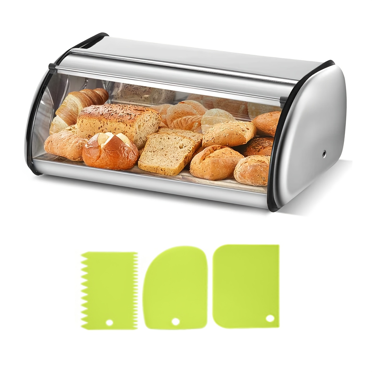 TEMU Bread Box For Kitchen Counter, Stainless Steel Roll Top Bread Bin, Bread Storage Holder With Lid, Large Capacity Bread Keeper, Swing Down Door,