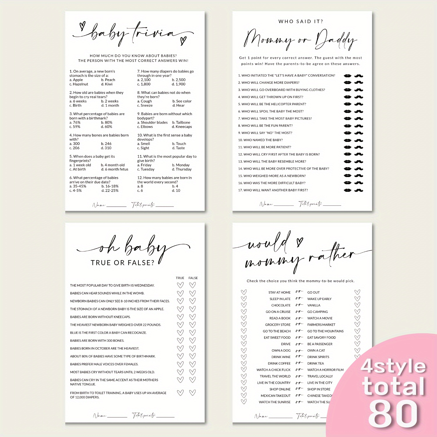 

80pcs Baby Shower Game Cards, Rustic Bridal Wedding Shower Or Bachelorette Party Game, Baby Shower Ideas,baby Shower Gift Wrap Paper,baby Shower Gift Bingo, Baby Predictions And , Baby Party Supplie