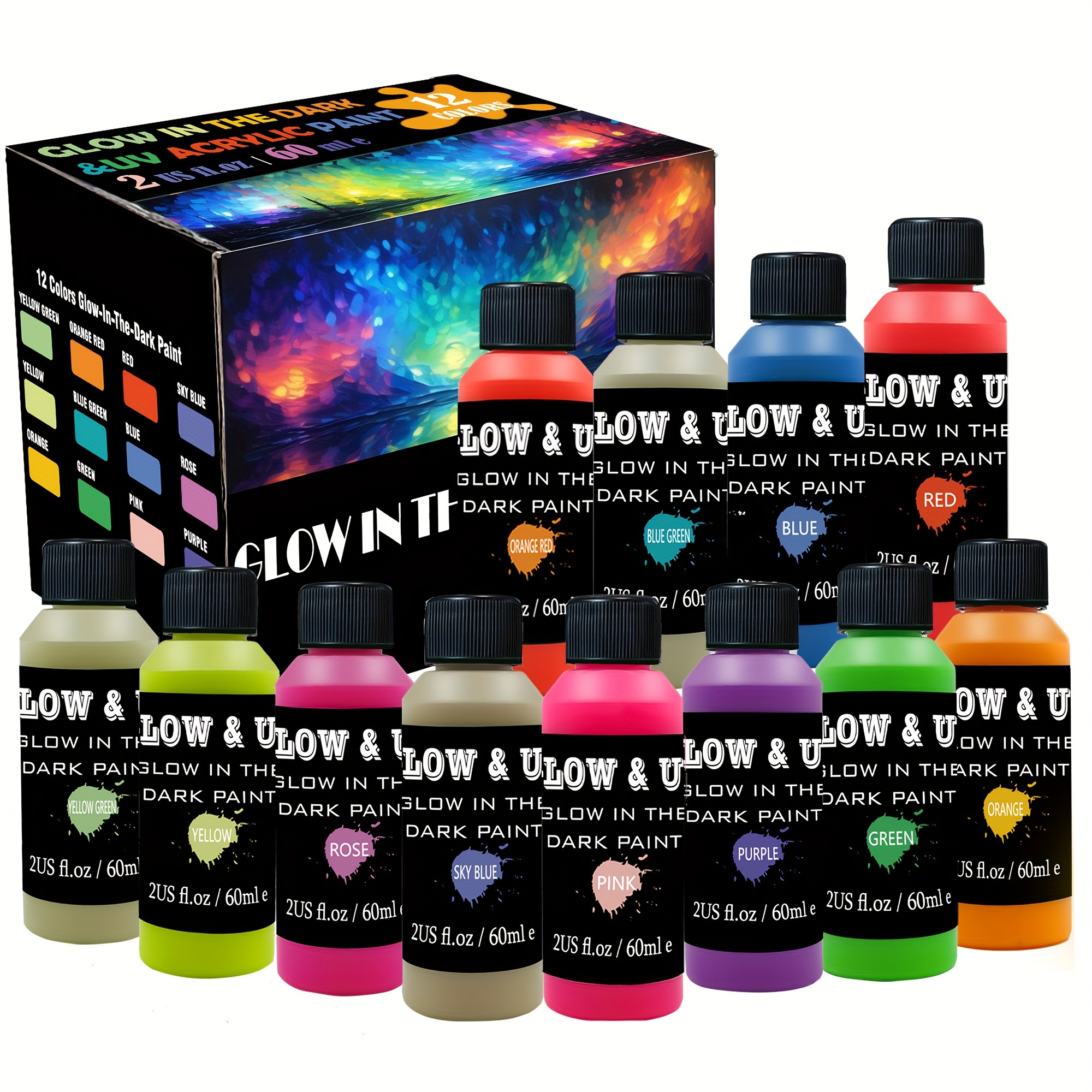 glow in the dark acrylic paint set 12 vibrant colors 60ml 2oz blacklight reactive neon craft paints for diy projects halloween easter christmas decorations details 5