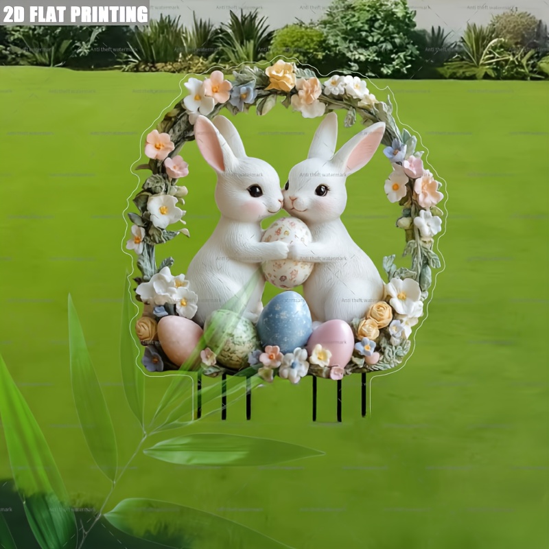 

2d Flat, Easter Celebration Acrylic Yard Stake - White Rabbits With Floral Wreath & Eggs, Battery-free Outdoor Decor For Garden & Lawn - Ideal Holiday Gift , Rabbit Accessories