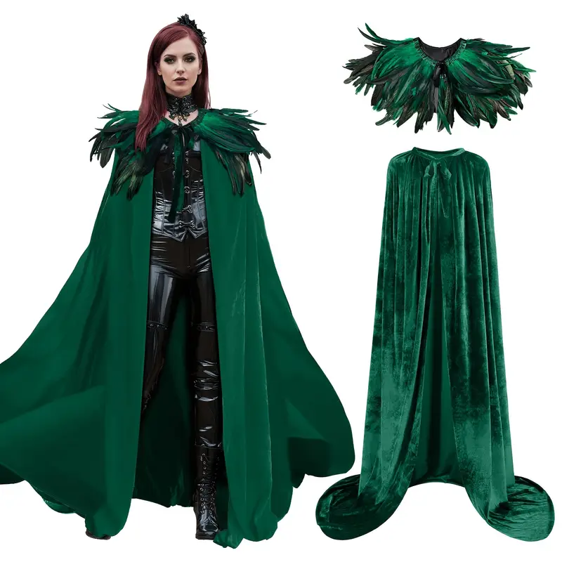 2pcs Halloween Witch Costume — Velvet Cape & Feather Shawl Set