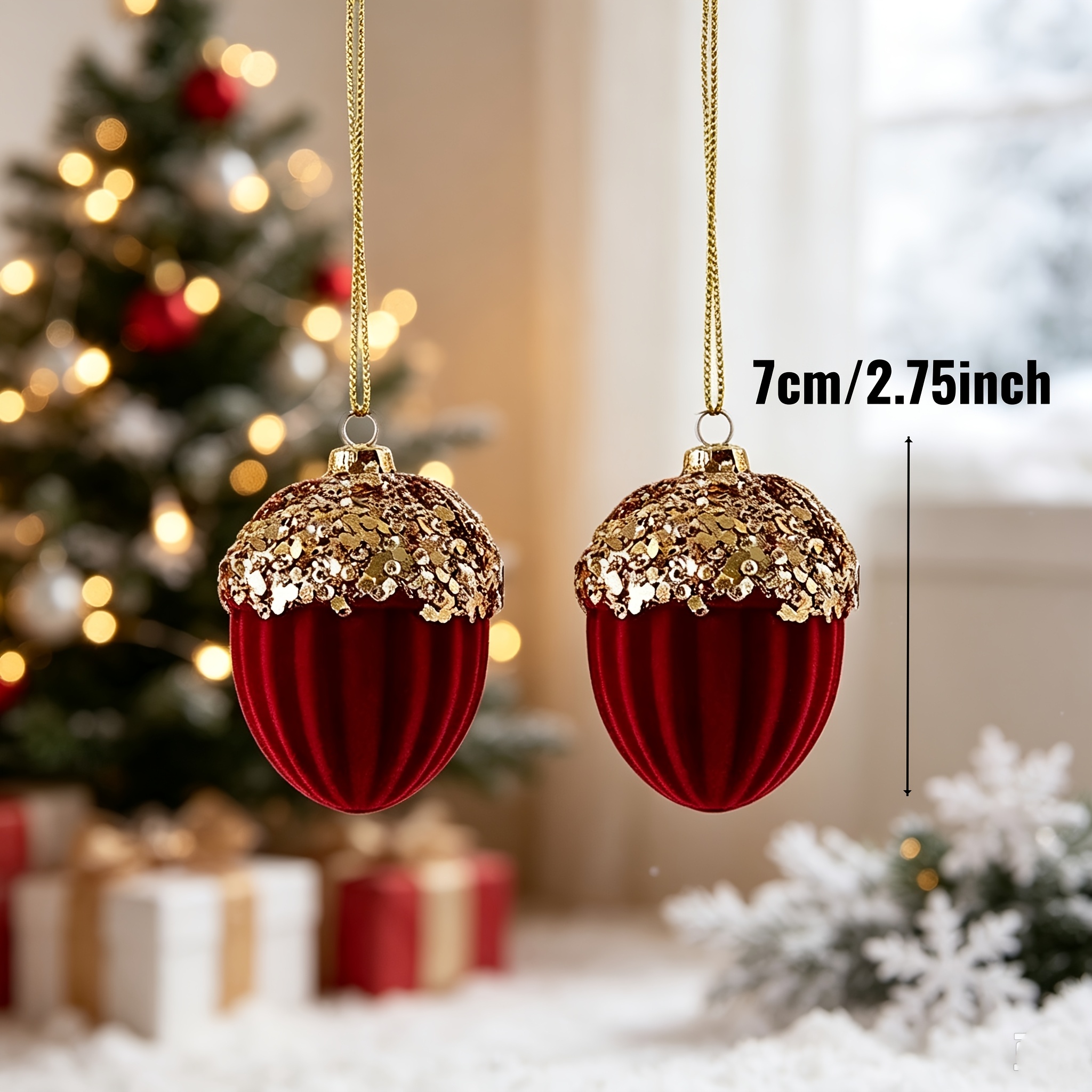 TEMU Boules décoratives de Noël, ornements en boule de velours floqué avec paillettes et perles dorées, décorations de luxe à suspendre pour sapin de