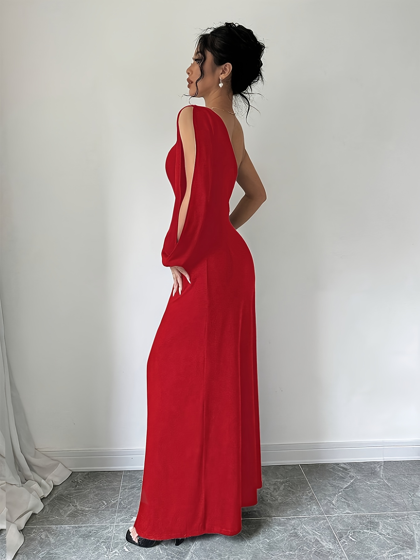 women's elegant shoulder long sleeve red bodycon dress solid