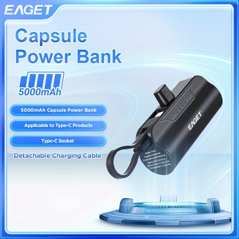 

Eaget Small Portable Mobile Power With Built-in Type-c Cable 5000mah Power Bank Fast Charging For Iphone And Android
