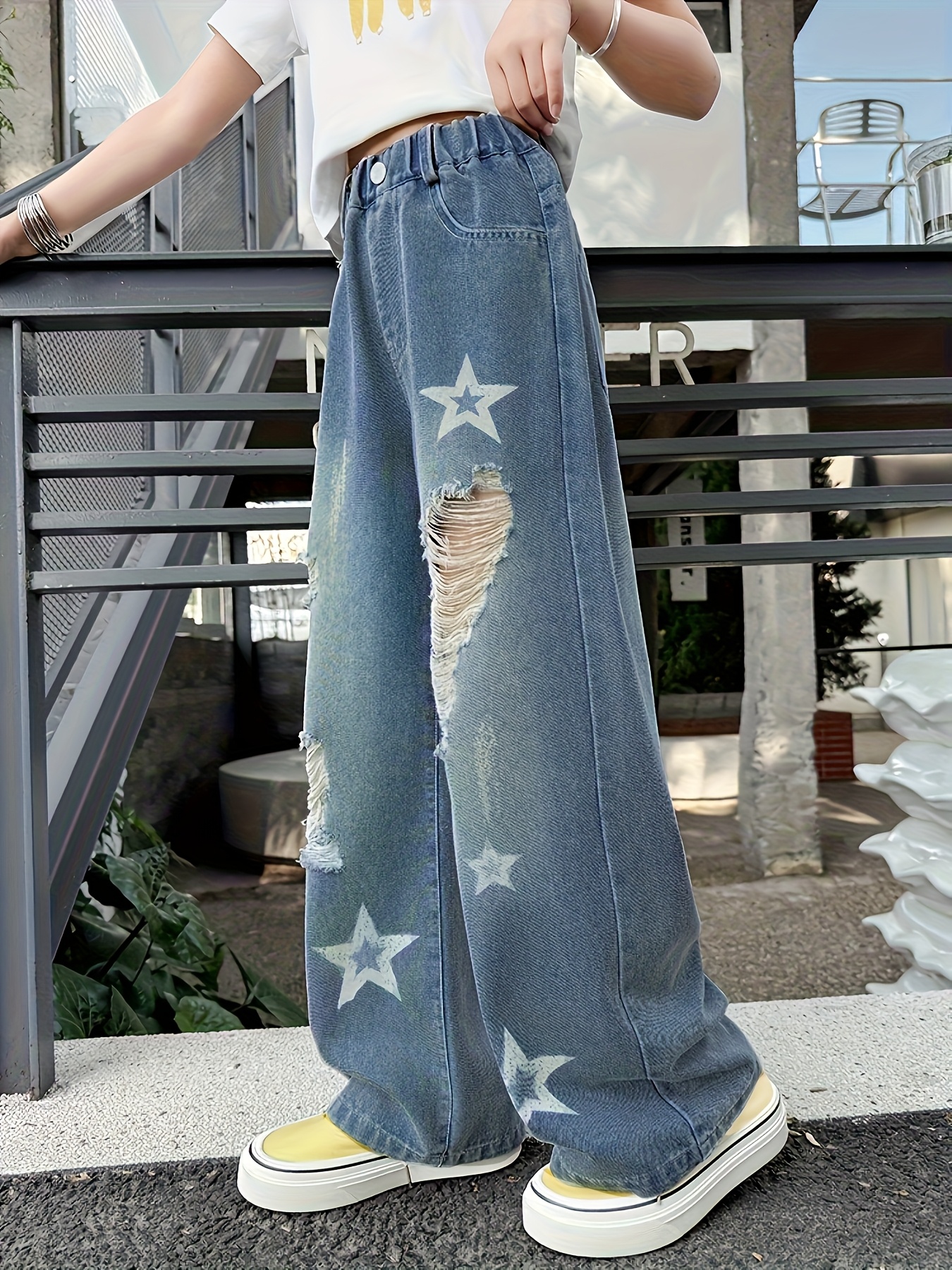 girls' casual ripped jeans light blue Temu United Arab Emirates