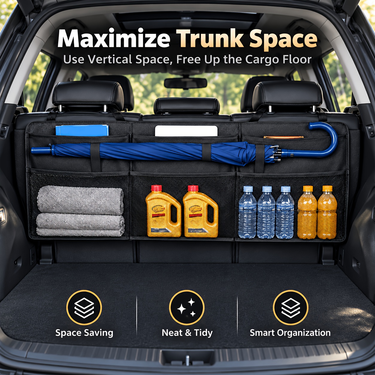 TEMU Oxford Cloth Multi-pocket Storage Large Car Trunk Storage Bag, Universal Type, Large Capacity, Suitable For Various Items, Suspended Design Does