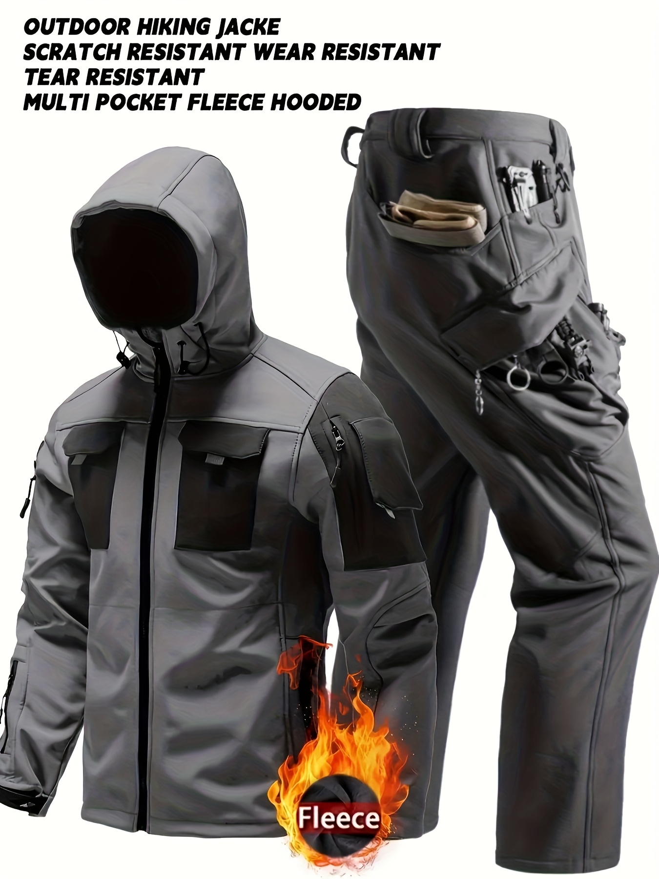 Men's Tactical Fleece Hooded Soft Shell Jacket & Overalls Set
