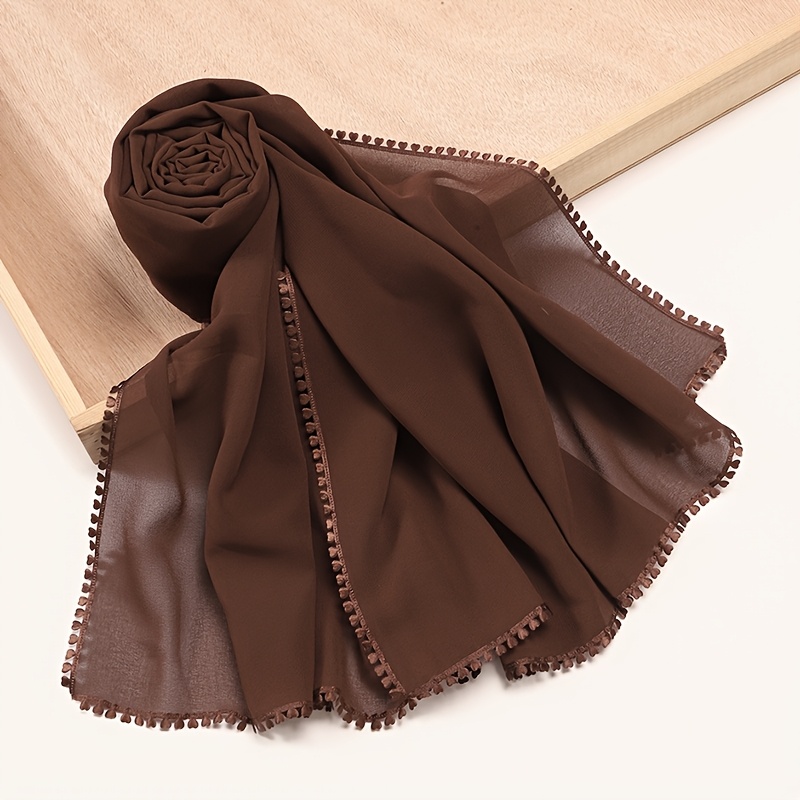 TEMU 1pc Women's Solid Color Elegant Chiffon Mullah Scarf With Tassels And Lace, Lightweight And Breathable Headscarf Shawl Long Scarf