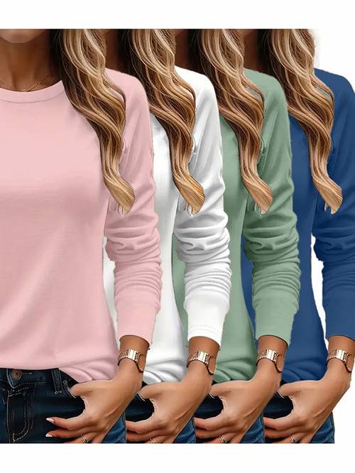 4pcs spring autumn new solid round neck long sleeve loose casual womens top base t shirt machine washable suitable for daily and