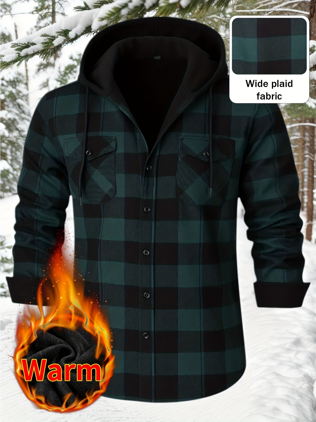 Thermisch werkschort met capuchon voor heren - Heavy-duty fleece gevoerde winterjas met ruitpatroon, volledige ritssluiting aan de voorkant, lange mouwen
