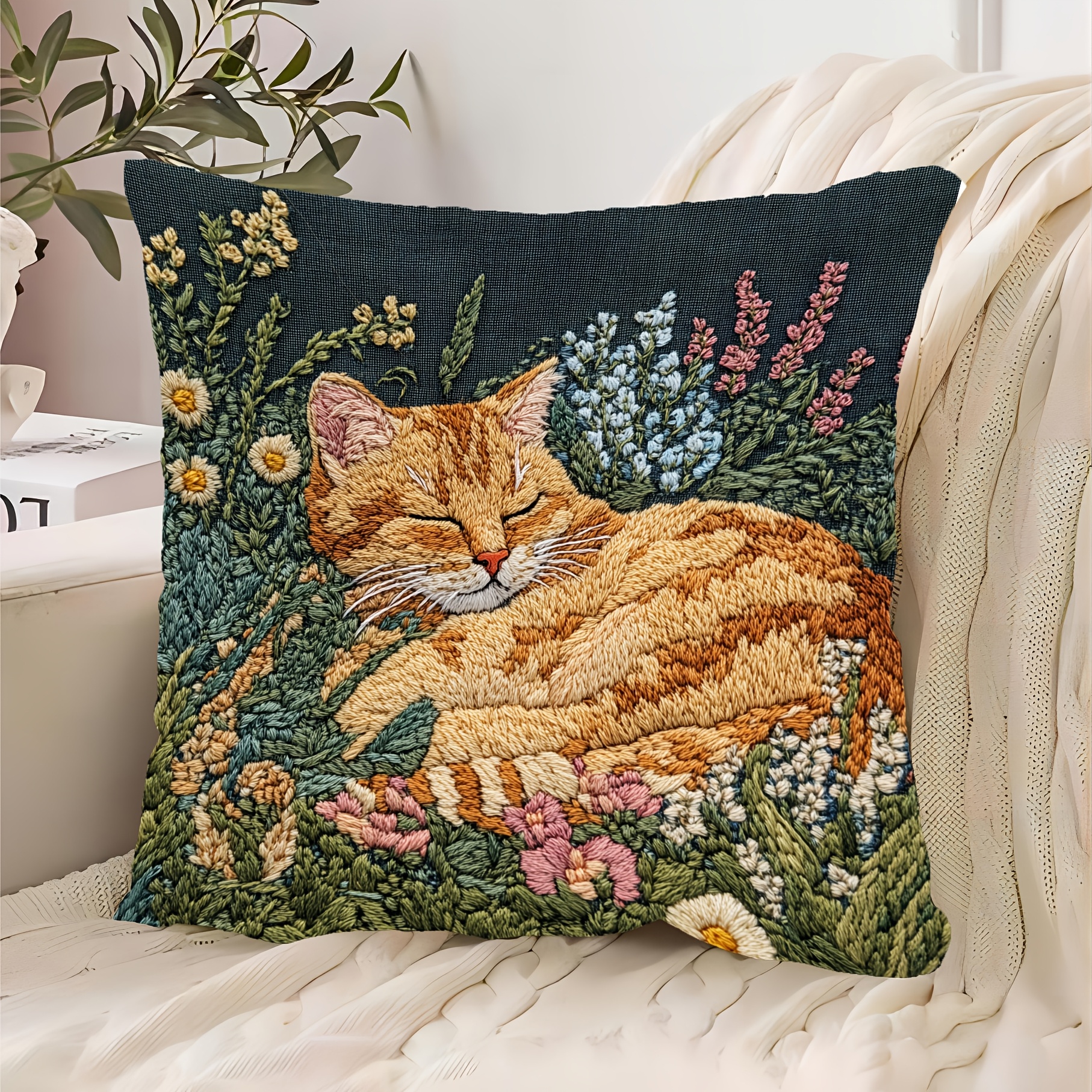 

1pc Vintage Style Embroidered Cat On Grass Pillow, 18x18 Inches, Hand Wash Only, Polyester 100%, Zipper Closure, Decorative Throw Cushion For Sofa, Living Room, Bedroom, Office - Emb5100