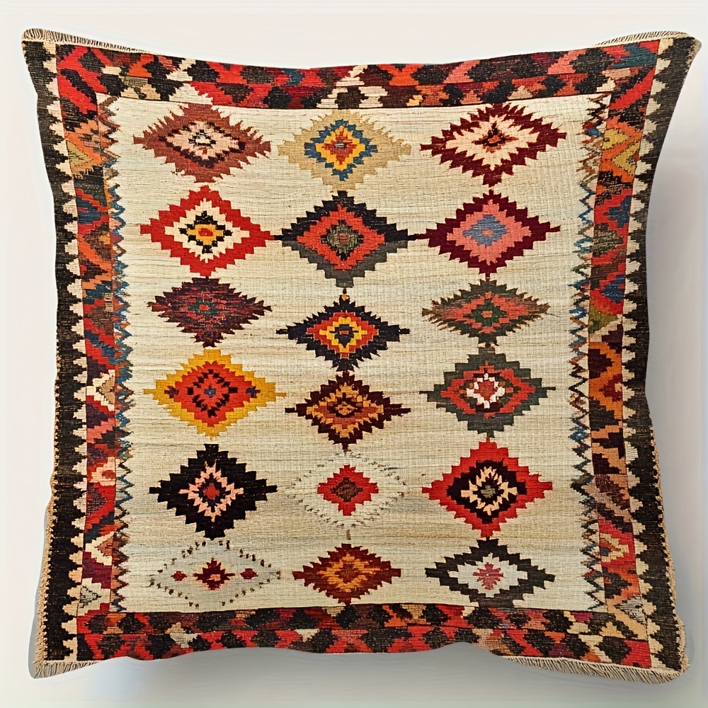 TEMU 1pc Retro And Ancient Turkish Jilin Design Pillowcase, 18x18 Inches, Double-sided Printed, Soft Short Plush Fabric, Zipper Closure, Machine
