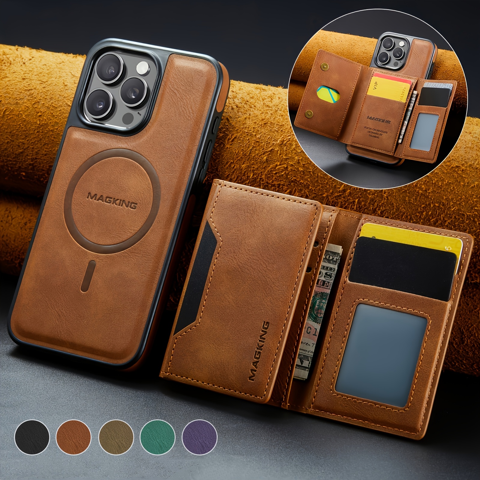 2in 1 Magnetic Detachable Wallet Phone Case for iPhone 12/13/14/15/16 Plus/Pro/Pro Max - Faux Leather Stand Cover with 8 Card Slots, RFID Blocking, -Compatible - Black, Green, Purple, Dark Gray, Brown - Ideal Birthday Gift