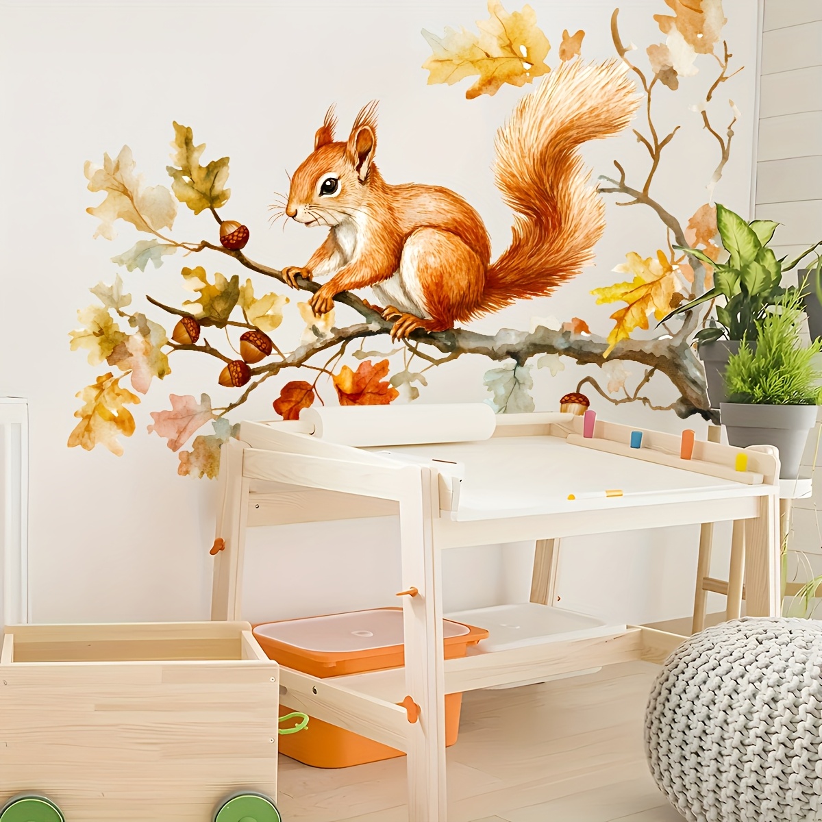 1pc classic squirrel maple leaf wall decal diy removable pvc sticker semi   fantasy theme for bedroom living room decor self   single use bedroom wall decor autumn theme   autumn decorations for hom