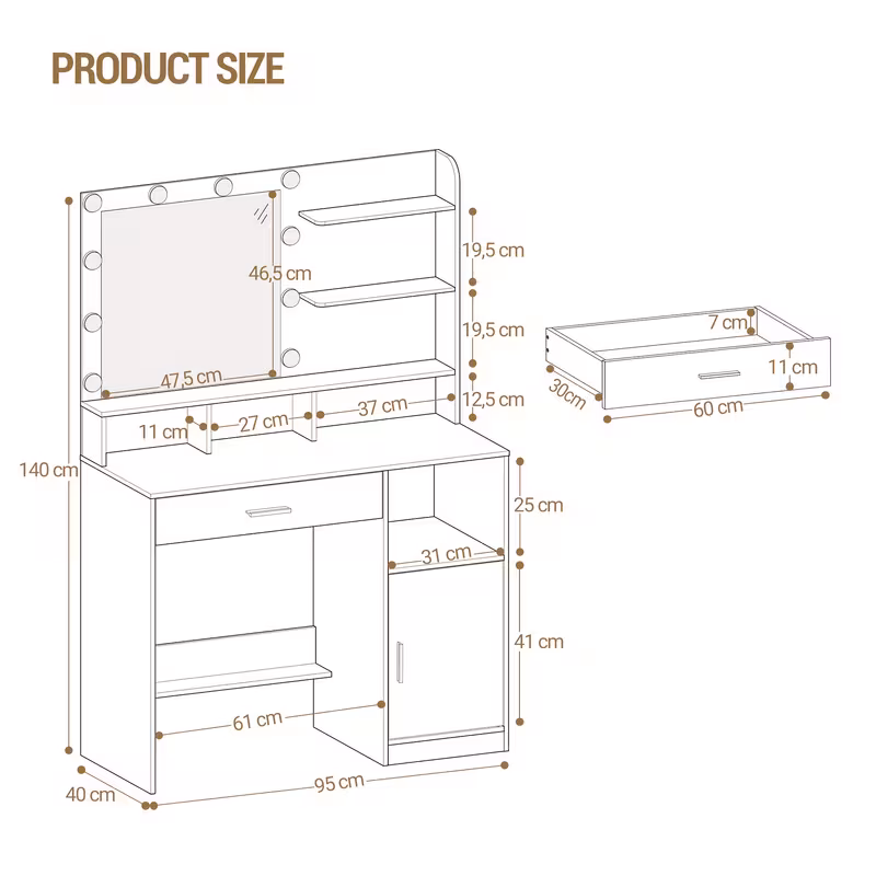 dressing table with and 10 led lights dressing table with 3 shelves and 4 open compartments dressing table with large drawer and cabinet 3 adjustable lighting levels dt41303xeu 5