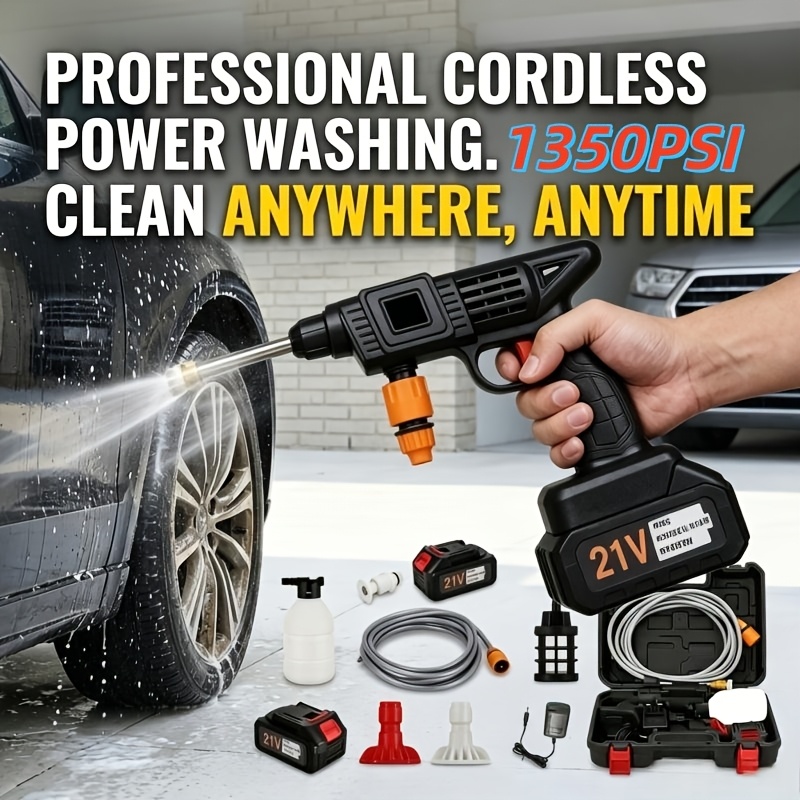 TEMU New 1350psi Cordless Pressure Washer, 1200 Pure Copper Motor, 28bar Pressure, Comes With 1/2 Battery And Charger, Ideal For Cleaning Cars,
