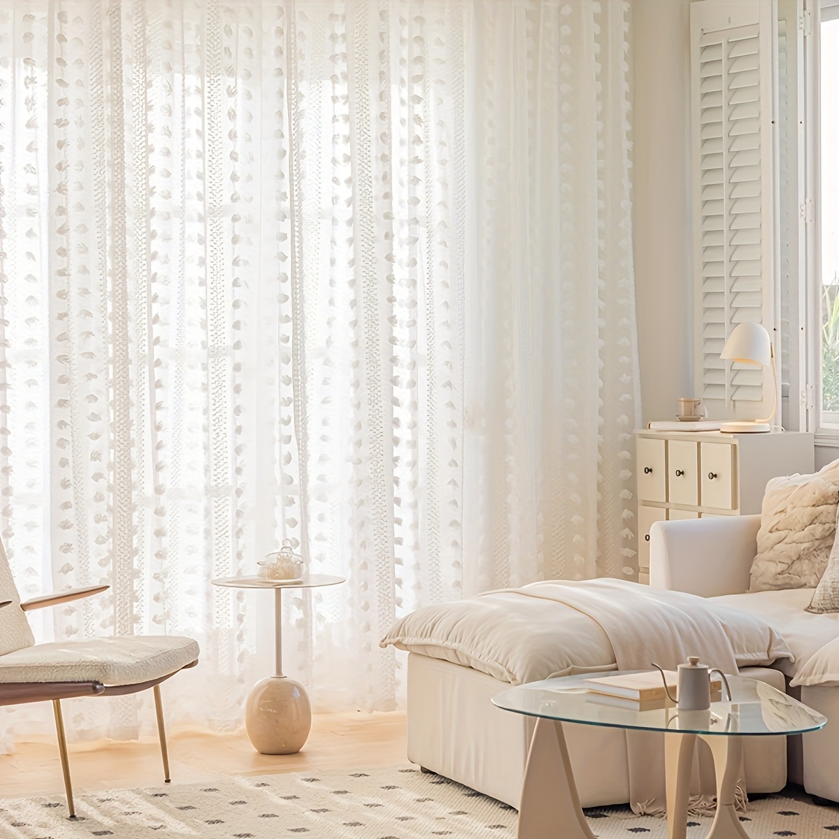 TEMU French Country White Sheer Curtain With Pom-pom Fringe - Light Filtering, Rod For Living Room, Bedroom, Or Balcony - Soft Polyester Fabric,