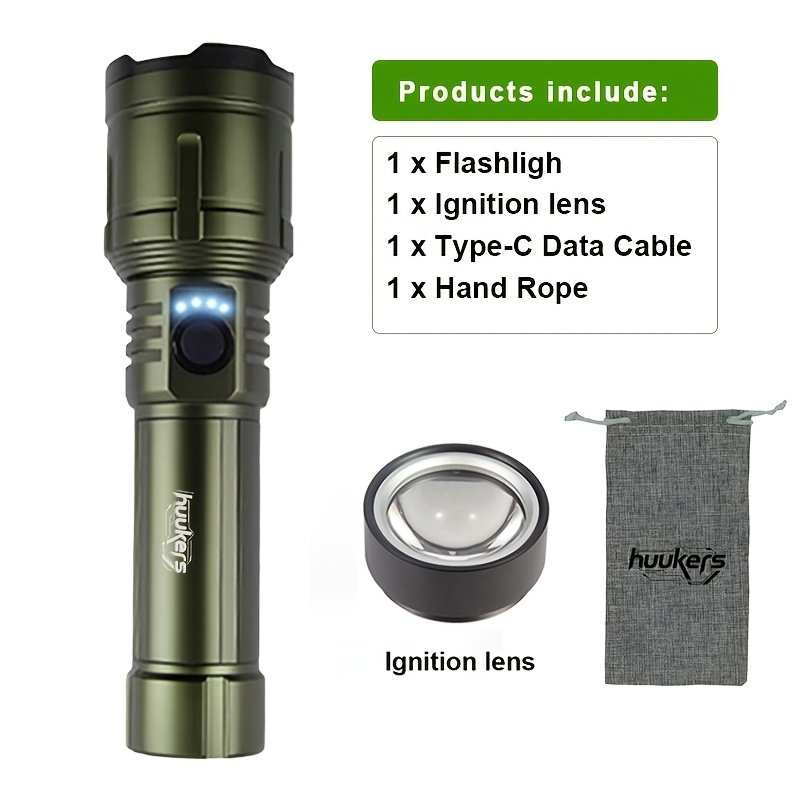 TEMU High-lumen Tactical Flashlight Made Of Aluminum Alloy, With Ignition Via A Lens, 5000mah Battery, Ip44 Rating, Usb Rechargeable, Suitable For