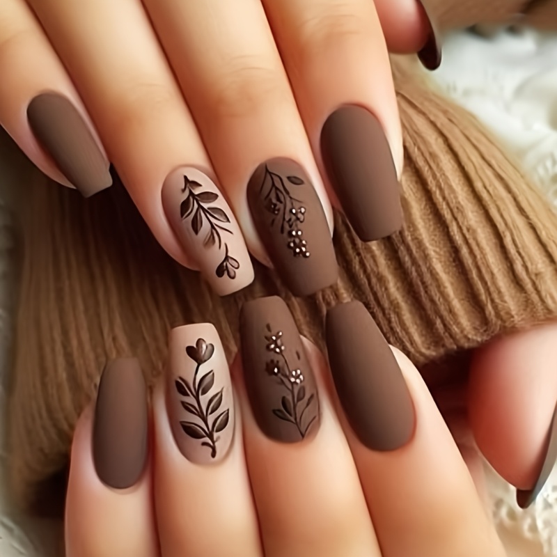 

24pcs Chic Brown -on Nails - Medium Long Coffin Shape With Floral & Plant Design, Glossy - Reusable Fake Nails For Women And Girls