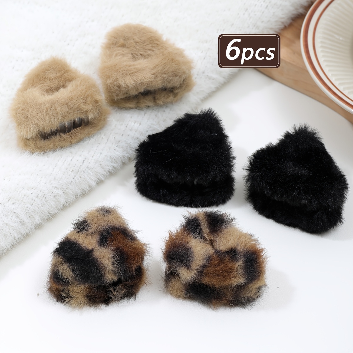 TEMU 6pcs Women's Multicolor Plush Cat Ear Hair Clips, Warm, And Cute, Suitable For Daily Wear