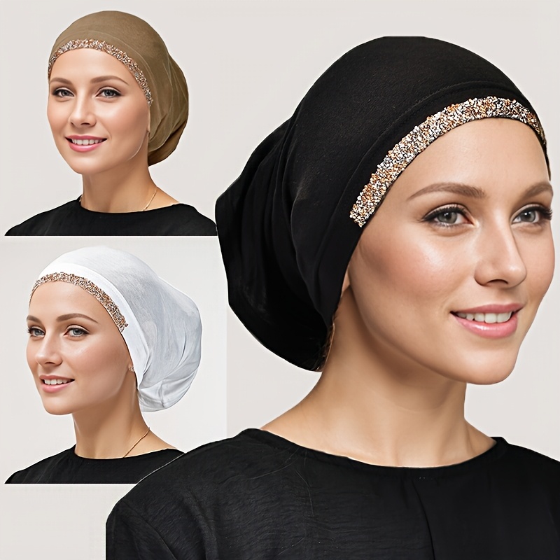 

1pc Élégant Chapeau Musulman pour Femmes, de Strass, en Polyester Respirant, Couleur Unie, pour la Prière, les Réunions Familiales, Décontractées - Coupe-Vent, Chaud, Lavable en Machine - Plumes