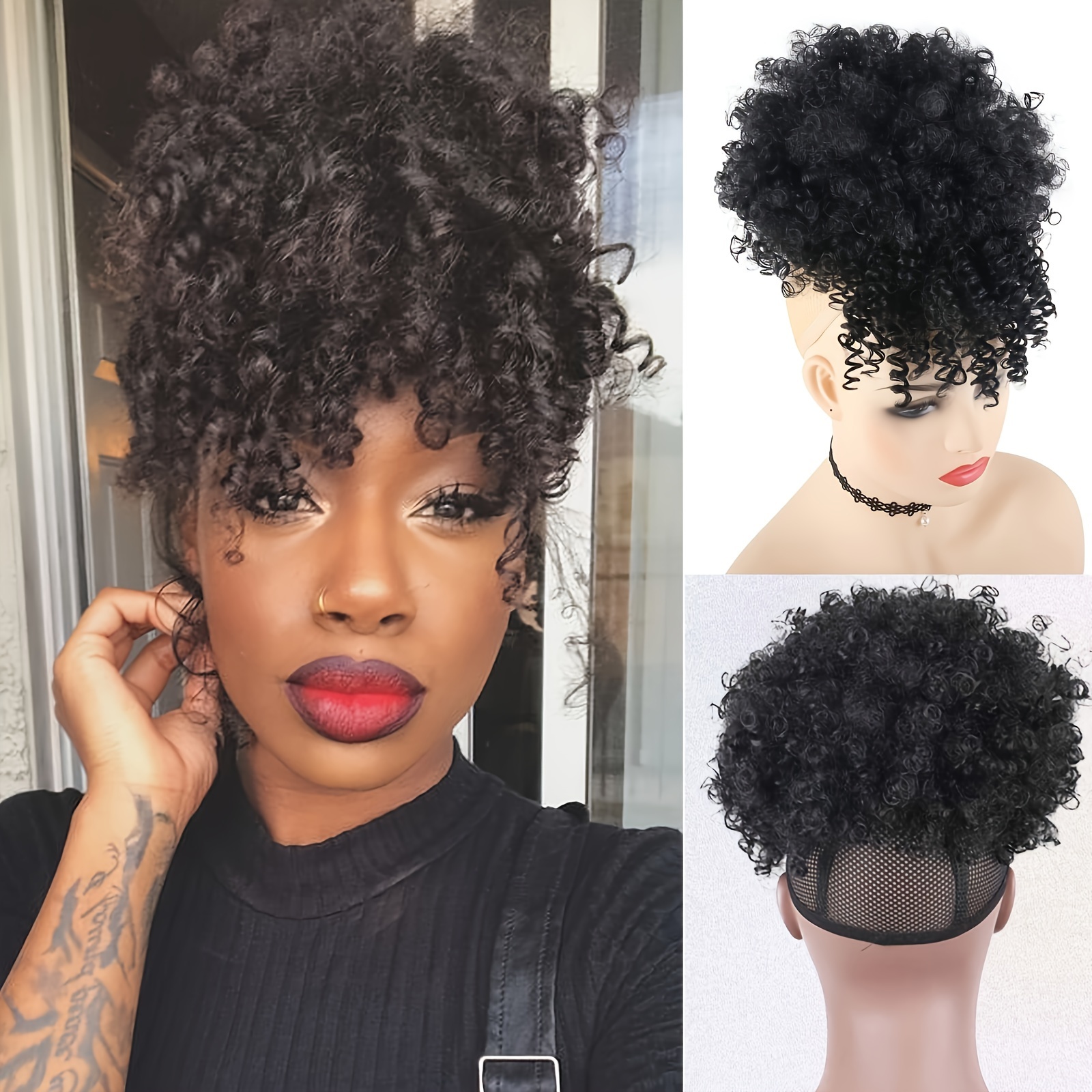

Afro High Puff Hair Bun Drawstring Ponytail With Bangs Short Pineapple Tail Clip In On Wrap Updo Ponytail Extensions For Women (black Grey) Synthetic