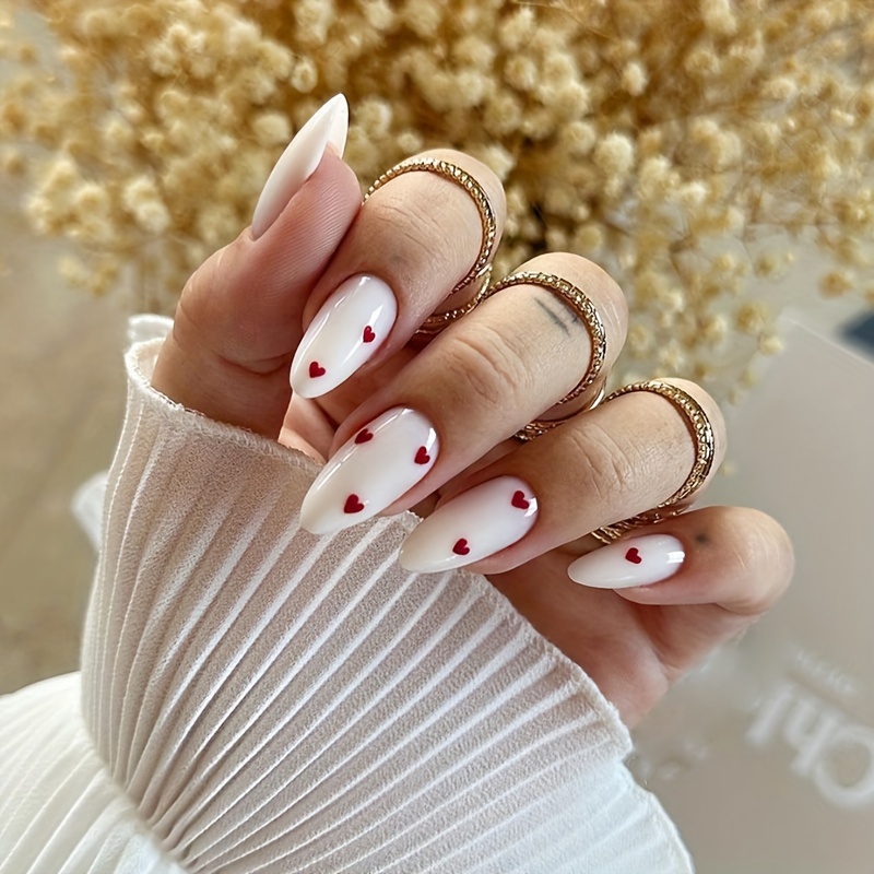 

Festive Red Heart Stickers For Yogurt White Nails - 24 Pieces, Medium Length, Water Drop Shape, Press-on Design, With Glossy Finish