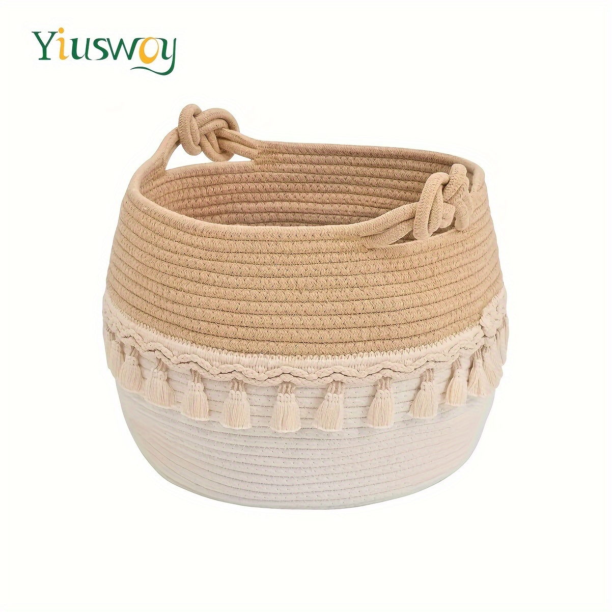 

Yiuswoy Boho Decor Polyester Rope Storage Basket With Handles, Tassel Woven Organizer For Towels, Toys, Home Sundries - Versatile Round Basket For Bathroom, Bedroom, Living Room, No Lining, 12