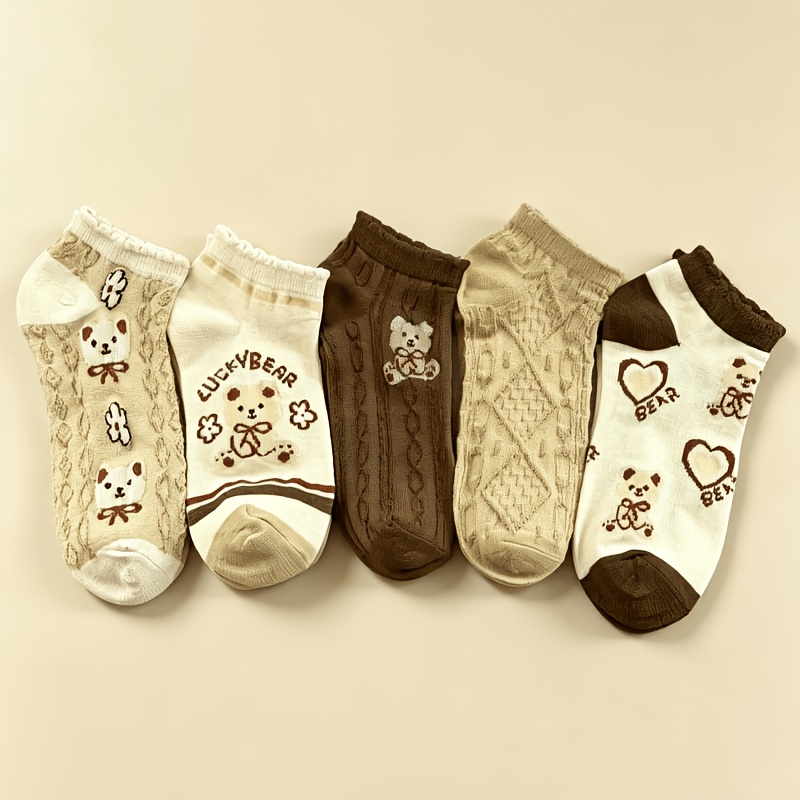 TEMU 5-pair Random Color Versatile Spring/summer Style Soft, Comfortable, And Breathable Campus-style Cute Floral Bear Casual Ankle Socks