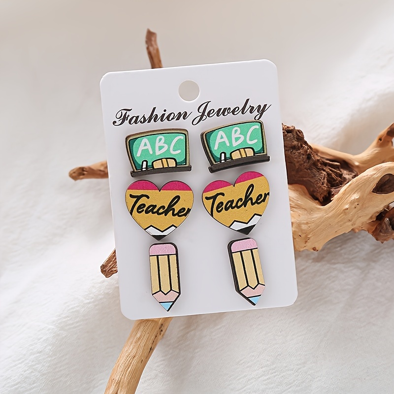 

3pairs Teacher's Day Love Heart Wooden Stud Earrings, Pencil Blackboard Valentine's Day Gift