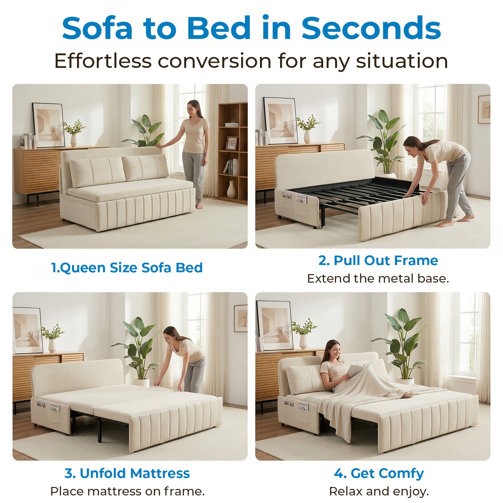 3in 1 Convertible Queen Sofa Bed, Pull Out Sleeper Couch, Armless Loveseat for Small Spaces