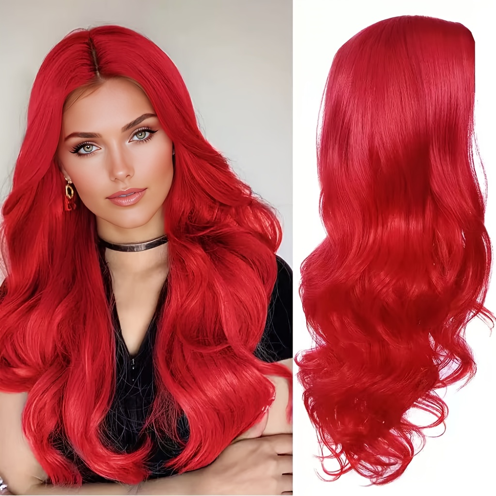   versatile red curly wig with middle part heat resistant easy styling for cosplay  