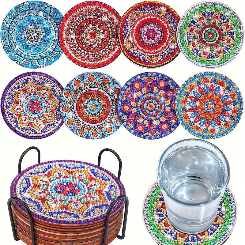 TEMU 8 Diamond Painting Wooden Coasters With A Stand, Featuring Mandala Elements, Perfect For Home Use, Gifts For , Christmas, Weddings, And Birthday