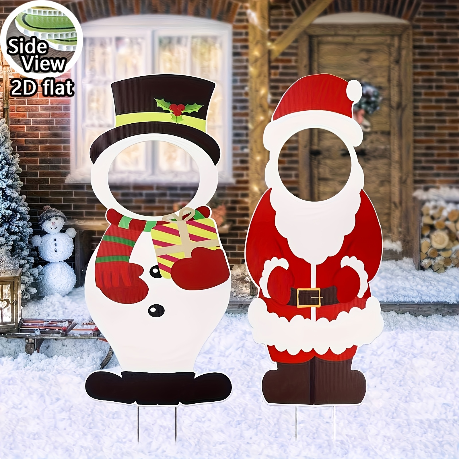 TEMU 2d Flat, [2d Flat] 2d Flat, 2pcs, Giant Christmas Yard Sign, Vibrant Santa Claus And Snowman Photography Prop Stakes, Christmas Decoration, 2d