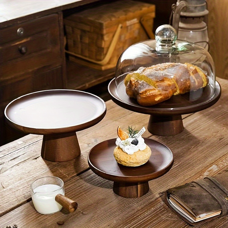 Acacia Wood Cake Stand, Acacia Wood Cake Plate, Dessert Table, Mousse Snow Skin, Cupcake Plate, Glass Cake Dome, Glass Dome with Wooden Base, and Styles Without Glass Cover, Cake Plate, Cake Display Stand, Cake Cover, Cake Dinner Plate, Party Plate