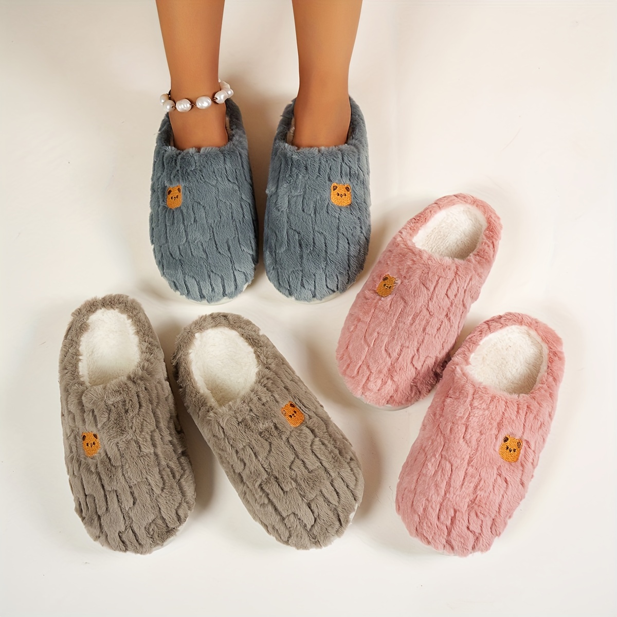 

Bear Embroidery Slippers - Fleece Lined Shoes And , Comfortable Bedroom -on , Footwear Non- Tpr , Washable - Cixi